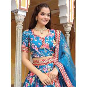 Excepcional azul floral impreso arte seda boda Lehenga Choli - Product Image 3