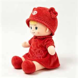 customized Blonde pig themed plush rag <b>doll</b>, red polka dot pig hat, velvet dress with pig embroidery, overhead flat lay shot - Product Image 5