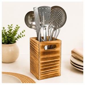 Rustic Wooden <b>Kitchen</b> Utensil Holder For Countertop Farmhouse Decor Cooking Tool Storage Organizer Large Capacity Wood <b>Caddy</b> - Product Image 2