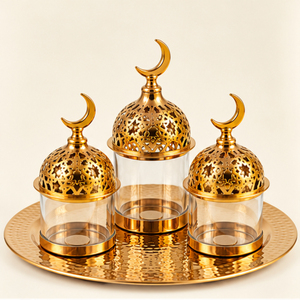 Ensemble de pots de rangement Ramadan avec plateau de service doré, décoration de table islamique, pot à bonbons en forme de croissant de lune avec couvercle, pot en verre de style arabe - Product Image 1
