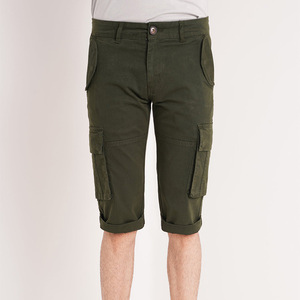 Shorts cargo vert olive pour homme, taille mi-haute, 100% coton, respirant, séchage rapide, taille élastique, décontracté avec poches - Product Image 1