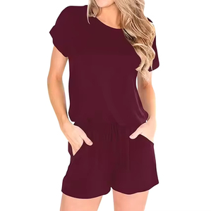 Women's Solid Color <b>Knitted</b> Short Sleeve Romper <b>Set</b> With Pockets Loose Fit O-Neck Casual Summer Wear - Product Image 1