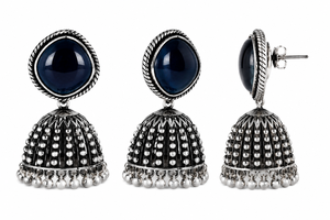 Vintage Midnight Blue Stone Jhumka Earrings Handmade <b>Oxidized</b> Silver Tribal Dome Earrings Wholesale Ethnic Jewelry Supplier - Product Image 4