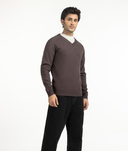 Men's Brown V-Neck Knitted <b>Pullover</b> <b>Sweater</b> Full Sleeve Solid Color Front Pocket Autumn Style - Product Image 3
