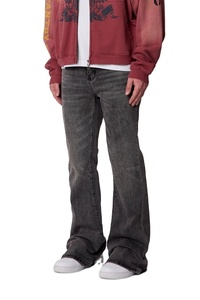 Jean en denim super évasé vintage noir délavé taille mi-haute coupe régulière léger écologique personnalisable - Product Image 4