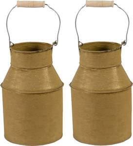 Vases décoratifs industriels en métal style fût de lait avec poignée en bois, durables pour intérieur/extérieur, vente en gros - Product Image 1
