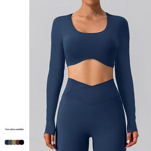 Vêtements de fitness pour femmes, hauts de yoga sans couture, couleurs unies, manches longues, crop tops de sport, ensembles de yoga respirants et à séchage rapide - Product Image 1