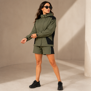 Custom Women's <b>Zip</b> up Streetwear Jacket <b>Shorts</b> Set Cargo <b>Pocket</b> Water Resistant Nylon Blend Utility Embroidery Logo OEM Supplier - Product Image 3