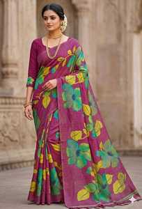 <b>Purple</b> GACHI SILK <b>Saree</b> With Floral DIGITAL Print For Women Traditional Indian Wedding Wear Floor Length Regular Fit - Product Image 1