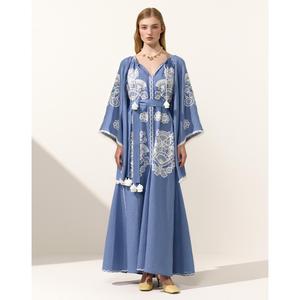Women Blue Cotton <b>Maxi</b> Dress <b>White</b> Embroidery Full Sleeve V Neck Tie Waist Boho Dress - Product Image 4
