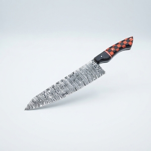 Couteau de Chef en Acier Damas avec Manche en Résine Orange et Noire à Motif Damier, Couteau de Cuisine Culinaire, de Découpe et de Désossage, Vente en Gros, B2B, OEM - Product Image 1