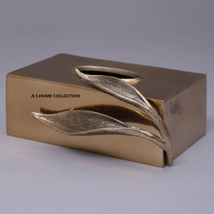 Caja de pañuelos metálica con acabado dorado de calidad creativa y diseño único de hojas, caja de pañuelos decorativa para mesa - Product Image 1