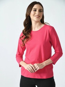 Camiseta de Manga Tres Cuartos con Cuello Redondo para Mujer, Color Sólido, Corte Regular, Informal, 100% Algodón, Tejido Transpirable, para Todas las Temporadas - Product Image 4