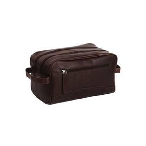 Classic Leather Toiletry <b>Bag</b> Rectangle Shape Durable <b>Storage</b> For Bathroom Use With Zipper Closure Brown Color - Product Image 1