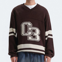 Pull en maille col V pour homme, 100 % coton molletonné, coupe classique, rayures marron et blanches, broderie frontale, style preppy