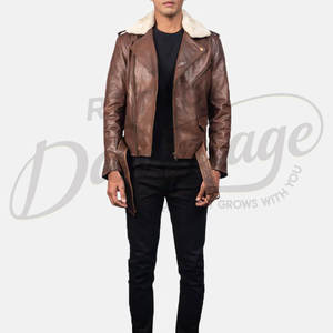 Veste de motard en cuir véritable marron pour homme de qualité supérieure avec col en fausse fourrure crème, coupe ajustée, manteau d'hiver pour moto, vêtement d'extérieur élégant - Product Image 2