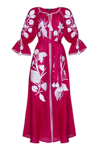 Robe longue décontractée en coton brodé pour femme, style bohème, motif floral rose, col en V, manches longues, coupe ample, taille à nouer - Product Image 2