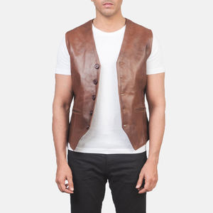 Gilet en cuir véritable pour homme, décontracté, à boutonnage simple, couleur unie, vêtement d'extérieur d'automne, sans col - Product Image 3
