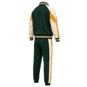 Survêtement unisexe vert crème jaune à blocs de couleur, manches longues, col rabattu, taille élastique, style sportif décontracté pour l'automne - Product Image 4