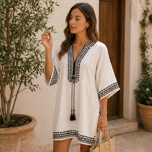 <b>Boho</b> Embroidered Kaftan Mini <b>Dress</b> V-Neck Loose Fit Cap Sleeve Cotton Fiber <b>Summer</b> Casual <b>Dress</b> - Product Image 5