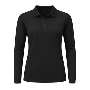 <b>Women's</b> <b>Long</b> <b>Sleeve</b> Solid Black <b>Polo</b> <b>Shirt</b> Casual Knitted 100% Polyester Full <b>Sleeve</b> Regular Length <b>Polo</b> <b>Shirts</b> for <b>women</b> - Product Image 1