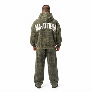 Conjunto de Sudadera con Capucha y Pantalones de Chándal para Hombre, Verde Oliva, Camuflaje, Cierre de Cremallera, Corte Holgado, Estilo Urbano, Lavado, Personalizado, OEM, ODM, Venta al Por Mayor - Product Image 2