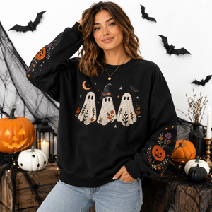 Sudadera negra bordada de Halloween para mujer con fantasmas y calabazas, cuello redondo, jersey de algodón de punto extragrande - Product Image 4
