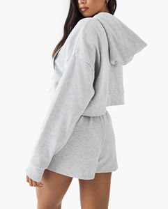 Conjunto de sudadera con capucha corta y pantalones cortos de alta calidad, 100% algodón, 400 GSM, color sólido, estilo oversize para mujer, conjunto de 2 piezas. - Product Image 5