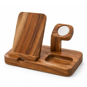 Base de Carga Inalámbrica 3 en 1 de Madera de Acacia |   Artesanía al por Mayor |   Moradabad - Product Image 1