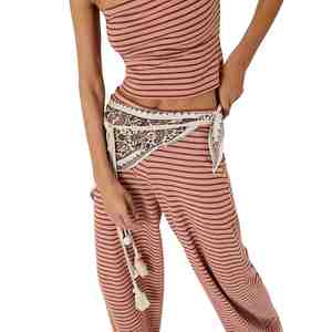 Ensemble de vêtements de détente pour femmes de haute qualité, en tricot rayé, 2 pièces, haut sans manches, pantalon large, décontracté, printemps-été, respirant - Product Image 5
