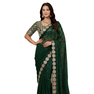 Sari de Fiesta en Faux Georgette con Lentejuelas y Bordado Codding, con Espejos Reales, Sari de Boda, Ropa Étnica Tradicional - Product Image 1