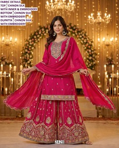 Conjunto Sharara Tradicional para Mujer, de Organza Suave Bordada con Bandhani de Meher Afreen, Largo hasta el Suelo, de Secado Rápido, para Todas las Temporadas y Bodas - Product Image 4