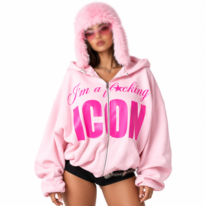 Sudadera con capucha rosa extragrande para mujer, con cremallera completa, mezcla de algodón y forro polar, estampado de letras, hombros caídos, para otoño e invierno, proveedor - Product Image 1