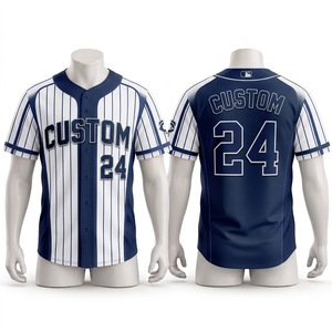 Camiseta de Béisbol Personalizada para Hombre, con Rayas, Botones, Absorbente de Humedad, Manga Corta, 24, Blanca, Azul Marino, Sublimada - Product Image 1