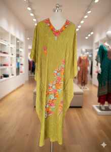 Elegant Olive Green Floral Embroidered Neck Floor Length <b>Long</b> Sleeve <b>Kaftan</b> <b>Dress</b> Fusion Traditional Craftsmanship Contemporary - Product Image 2