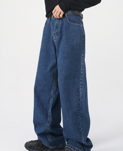 Pantalones vaqueros anchos de mezclilla azul oscuro 100% algodón lavado, estilo urbano, talla grande para hombre, venta al por mayor - Product Image 3