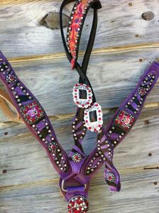 2026 Conjunto de arreos de cuero para montura western, con frontal, pechopetral y correa de ceja, en turquesa, azul verdoso y morado, hecho a mano y con ajuste personalizado - Product Image 2