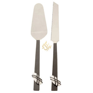 ชุดมีดและที่ตักเค้กสแตนเลสสีทอง ด้ามจับลายใบไม้ ชุด 2 ชิ้น อุปกรณ์เสิร์ฟขนมหวานสำหรับงานแต่งงานสุดหรู - Product Image 2