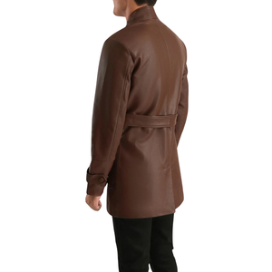 <b>Men</b>’s Brown Genuine Leather Belted <b>Long</b> <b>Coat</b> Multi Pocket Classic Collar Premium Casual Winter Fashion Outerwear - Product Image 3