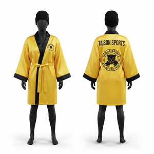 เสื้อคลุมชกมวย MMA แบบยูนิเซ็กซ์ ผ้าซาตินหนังพรีเมียม 140 GSM ซับเหงื่อได้ดี พร้อมเชือกผูกข้อมือ สีเขียวอมฟ้า แต่งแผงสีทองตัดกัน พร้อมปักโลโก้ตามสั่ง - Product Image 1