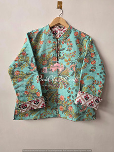 Handmade Knitted Indian Cotton Quilted <b>Jacket</b> Women Block Print Kantha Stitch Reversible Floral Design <b>Lightweight</b> Boho Winter - Product Image 5