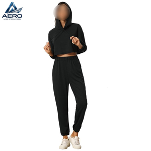 Plain Black Color Long Sleeve Cropped Hoodie And Jogger <b>Sets</b>, Fitness Gym Wear Women Clothing Comfort Fit Outfits <b>Set</b> - Product Image 1