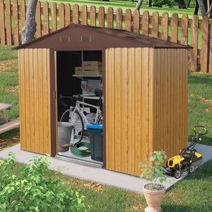 Casetta da Giardino in Metallo 2,4m x 1,2m con Porta Scorrevole, Colore Caffè, per Cortile, Patio e Prato - Product Image 1