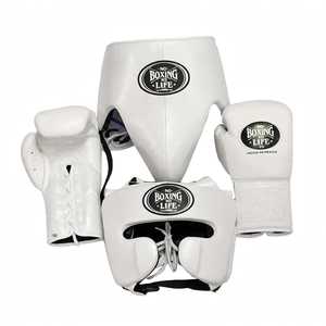 White Color Premium Quality No <b>Boxing</b> No Life <b>Sparring</b> <b>Set</b> Real Leather Lace-Up Adjustable Strap Headgear Groin Guard Muay Thai - Product Image 1