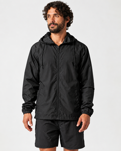 Ensemble coupe-vent léger à capuche pour hommes, veste noire zippée et short assorti, ensemble de vêtements de sport d'extérieur en 2 pièces, ensemble haut de gamme pour hommes - Product Image 1