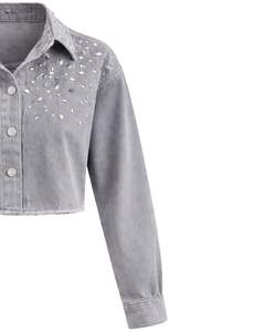 Chaqueta Vaquera Corta Gris Personalizada para Mujer con Cierre de Botones Frontales con Pedrería, Manga Larga, Estilo Urbano, Top para Fiesta - Product Image 4