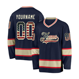 Maillot de hockey sur glace pour hommes, bleu marine, col en V, manches longues, impression sublimée, logo des équipes, tissu polyester respirant et anti-transpiration, vente en gros - Product Image 1