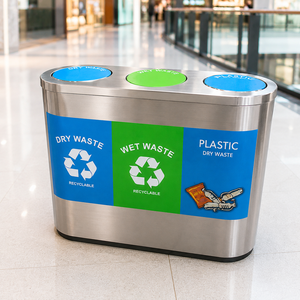 Contenedor de basura triple de acero inoxidable para separación de residuos secos, húmedos y plásticos, para oficinas, centros comerciales y áreas públicas. - Product Image 3