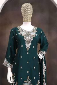 Costume en soie brodé vert émeraude pour femmes avec dupatta, coupe ample, tenue traditionnelle indienne pakistanaise pour mariage - Product Image 3