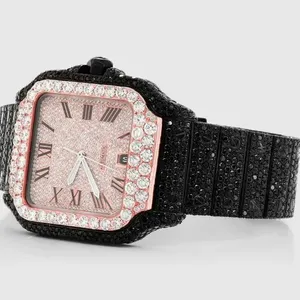 Montre de luxe personnalisée en quartz, sertie de moissanite et de diamants ronds, pour homme, cadran noir et chiffres romains, style mariage et soirée - Product Image 3